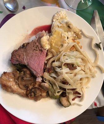 This was our birthday feast! Prime rib, chicken Marsala, goat cheese scallop potatos and a pasta salad with bacon and Brussel sprouts! YUM!