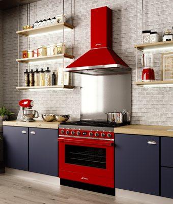 The new Smeg Portofino cookers offer a perfect match in the contrast of vibrant color and cool stainless steel.