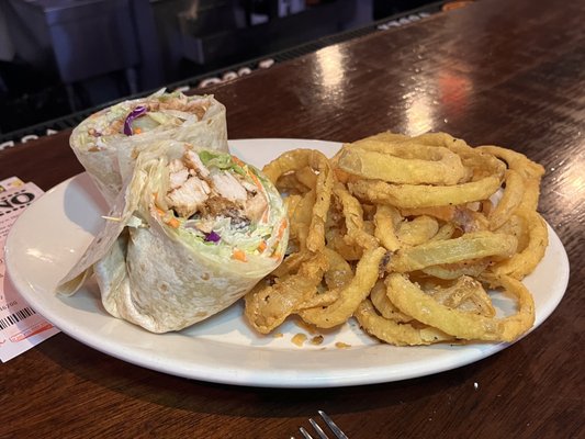 Chicken Caesar wrap with onion rings