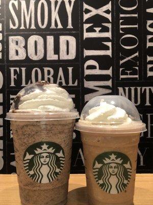 Double Chocolatey Chip Creme Frap (grande) and Black & White Mocha Frap (Tall).