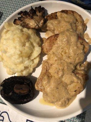 Smothered pork.  Roasted mushrooms.  Smashed potato & cauliflower.  SO DELICIOUS