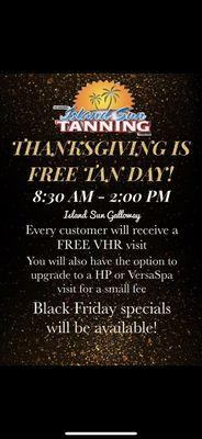 Free Tan Day! Black Friday Specials start