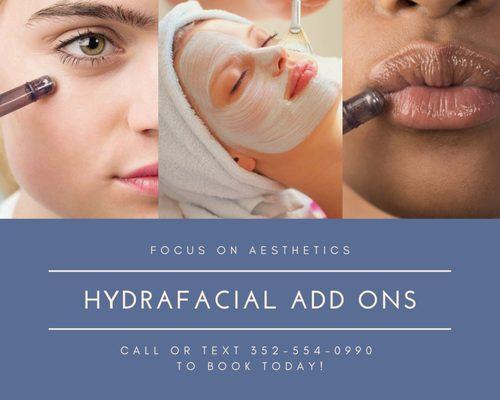 customize any of our HydraFacial's with any or all three of these add on treatments: Pampering, Lip and/or Eye Perk.