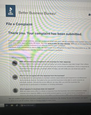 BBB complaint issued