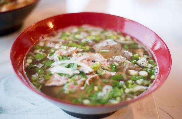 Beef noodle soup with eye round steak, well done brisket, well done chuck roast, and tendon