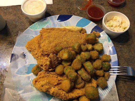 Shark Combo - Perch and Walleye with okra and coleslaw.