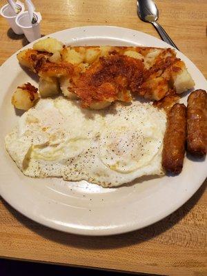 Eggs, home fries, sausages,