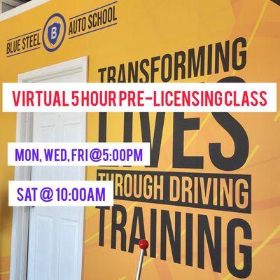 Virtual 5-Hour Pre-Licensing Class schedule