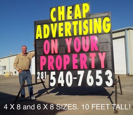 4X8 and 6X8 rental signs. No long-term contracts. We deliver and change messages for you!! High visibility advertising for only $175/month