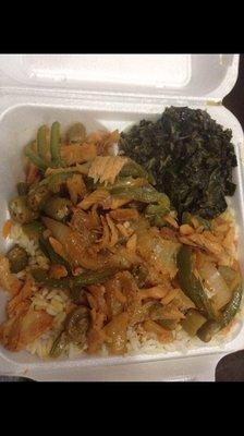 Breakfast dish- salt fish & okra over rice with side of spinach