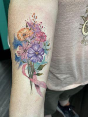 Flowers and a breast cancer ribbon