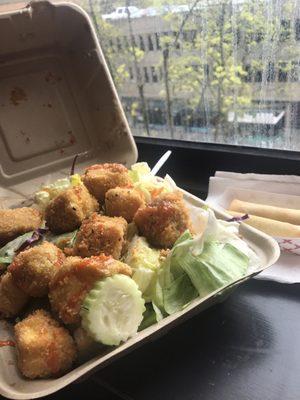 Crispy tofu salad with spring rolls!