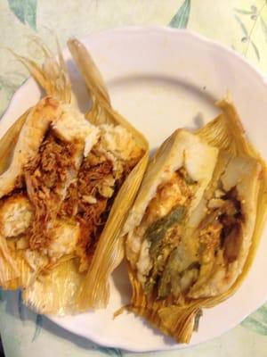 Beef tamale (left), Green chile and cheese tamale (right)