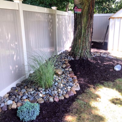 Planting and design with new river rock and mulched beds in Pompton Lakes NJ