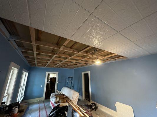 Tin Ceiling Project:   Had to frame down supports in this older cottonwood home.