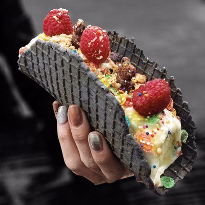 Black rosemary waffle taco with avocado ice cream - DELICIOUS!!!!