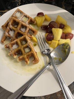 Infused Cinna-bun waffle with mixed fruit infused with light syrup