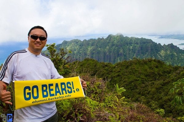 At Turnover (traditional peak of the Pu`u Manamana trail)  by the overlook to Kualoa Ranch.