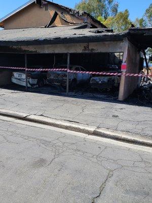 Photos taken right after fire! 2 cars have been removed since this post red and white striped tape and now yellow caution tape periodically!