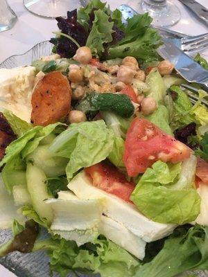 Fabulous salad: chick peas, mixed greens, mozzarella cheese, cucumber, tomato and onion