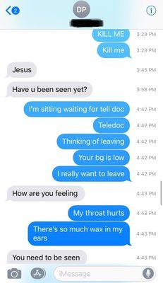 Timestamped texts with my fiancé while I was at the urgent care.