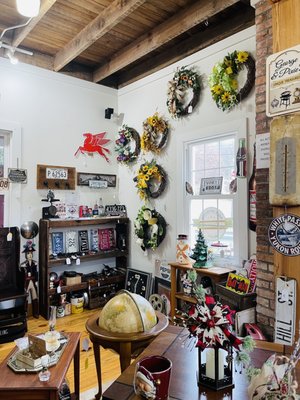 Wreaths and vintage items