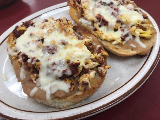 Chorizo eggs bean cheese Molletes