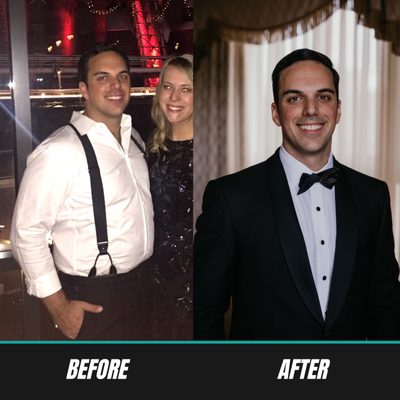 A before an after of my client Mike who dropped 30lbs in preparation of his wedding day.