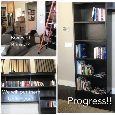 This is an organizing project, the client had boxes of books that needed to be put onto the book shelves.