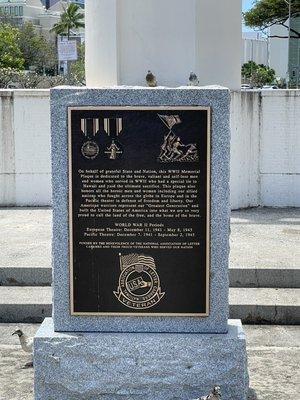 The Memorial plaque recognizes all of the men and women who fought across Europe and the Pacific theater in defense of the nation's freedom.