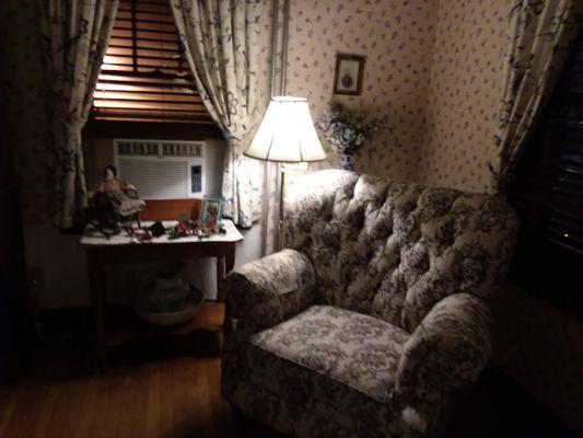 Overstuffed chair in Leister House first floor sitting room