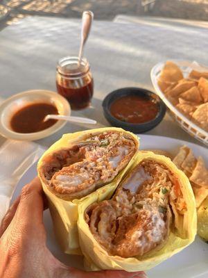 Amazing shrimp burrito extra spicy, so they brought me tons of amazing condiments