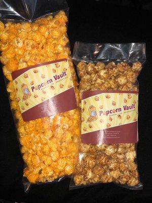 Our delicious Blues City Cheddar Cheese and Buttery Classic Caramel Corn