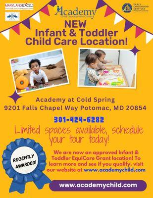 Academy Cold Spring Center in Potomac is starting again Infant and Toddler Child Care Program