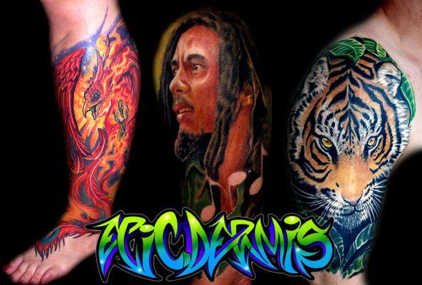 A promotional image featuring a small selection of custom tattoos done by artist Colin Nolt at Epicdermis Custom Tattoos For Cool People