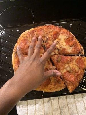 10" pizza- only a little bit larger then my hand!!