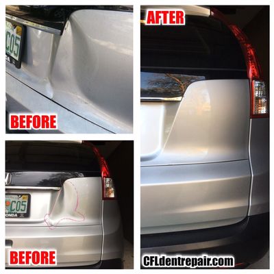 Honda CRV rear hatch repaired using The Paintless Dent Removal Method. CFLdentrepair.com