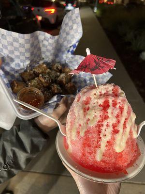 Shave ice, garlic parm lumpia