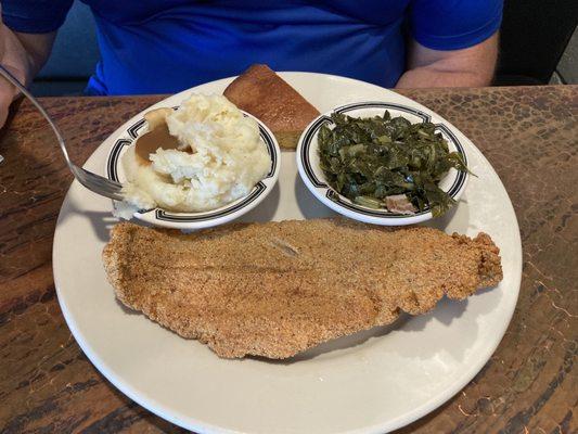 Fried catfish, collards and mashed potatoes and gravy