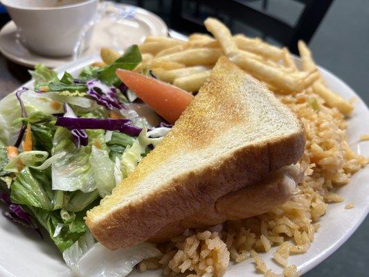 Side to my main dish, fries, salad, rice, and buttered toast