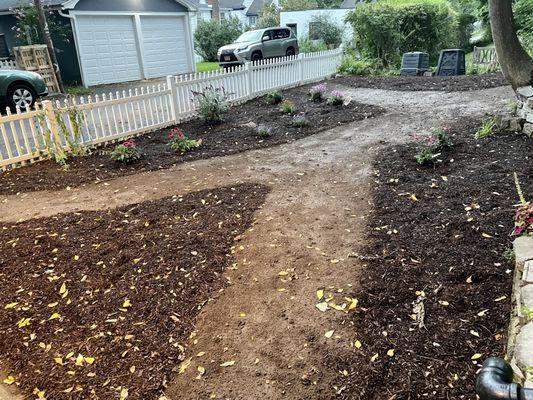 What used to be all-lawn, is now 4 new gardens, with clover-seeded paths between. No more mowing this section, and lots for bees to love!