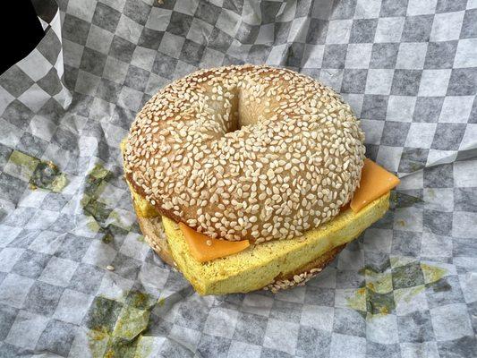 Vegan tofu and cheese on sesame. Good