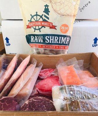 SEAFOOD GUYS SAMPLER $150
2 SNAPPER
2 SALMON
2 FILET MIGNON 
2 TUNA STEAKS
2 WAGYU BURGERS 
2 MAHI MAHI 
2 LBS JUMBO SHRIMP