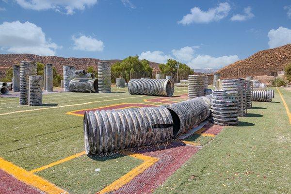 Hyperball is constructed of large diameter irrigation tubing.  This was the industry standard for tournament paintball fields since the 90's