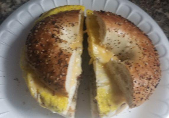 Bacon, egg and cheese on a everything bagel.  Made fresh to order.  (Daily)