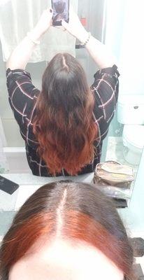 My warm brown to copper red balayage done by Inna.