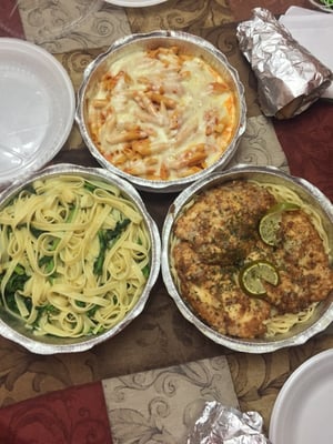 Left: Garlic, oil and broccoli rabe Middle: bake ziti in tomato sauce Right: Chicken francese