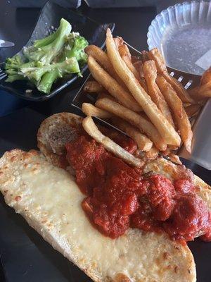 Meatball sandwich, French fries, broccoli