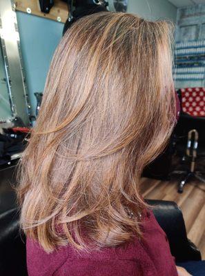 Longer hair with auburn highlights. Gel process left my hair soft and full of shine