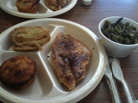 Grilled catfish, fried green tomatoes, green beans and corn bread!! Yummy!